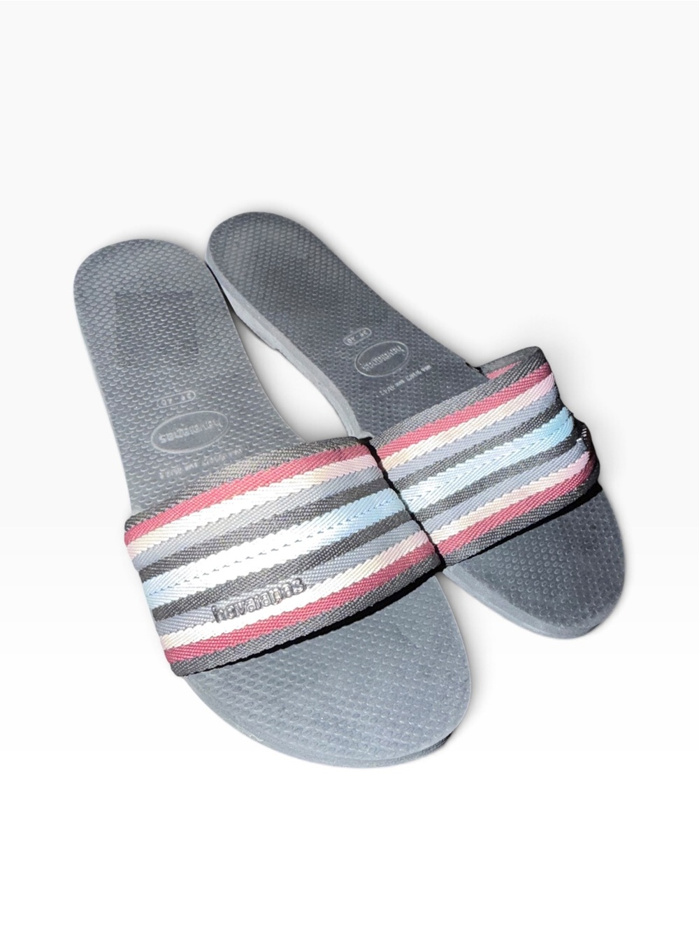 Gray Striped Slide Sandals with Pink & Blue Accents